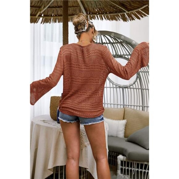 Cropped Hollow Out Knit Sweater – V-Neck Drawstring Bell Sleeve Cover-Up - Picture 3 of 4